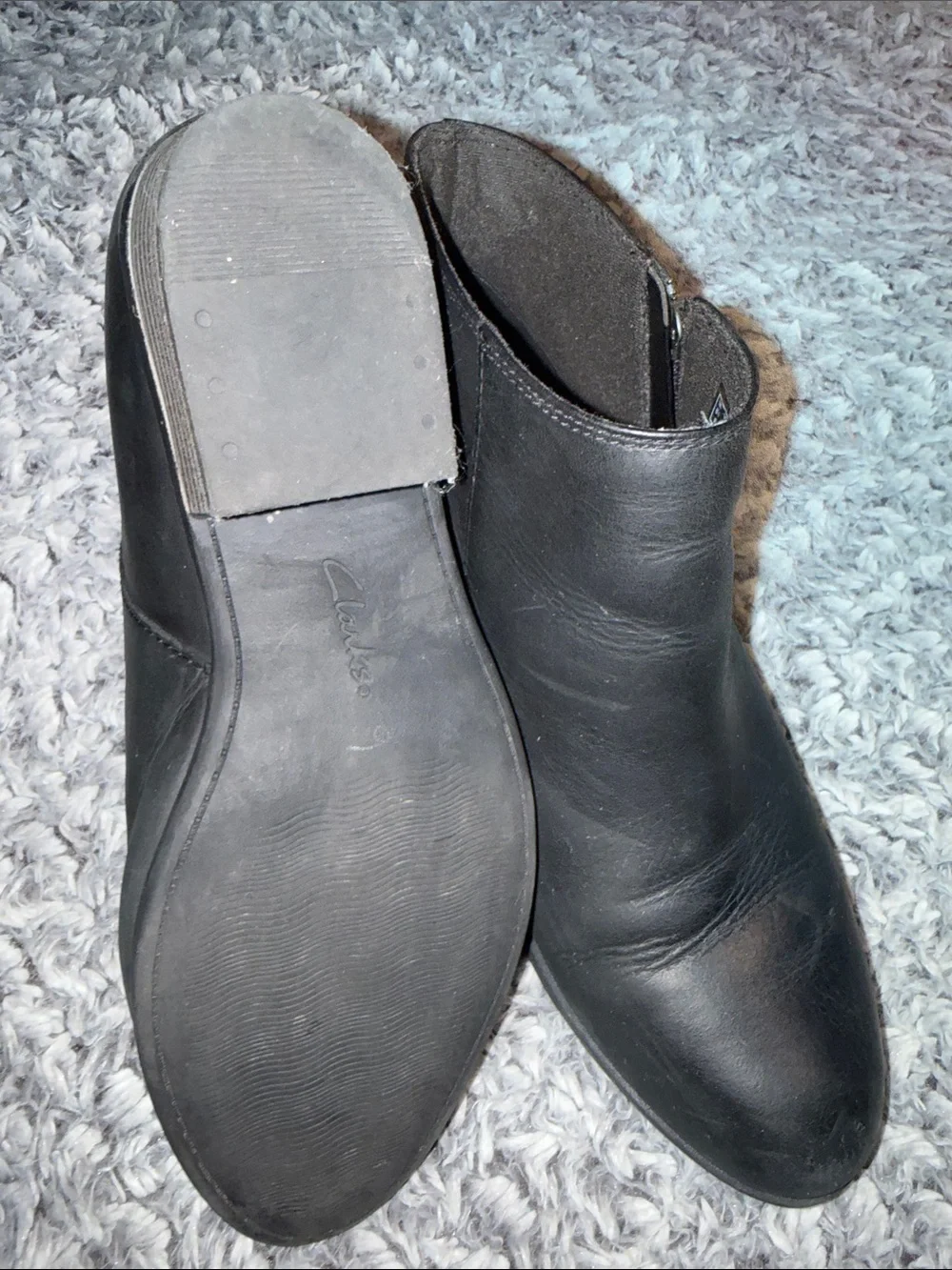 Clarks Black Leather Ankle Booties with Low Stacked Heel